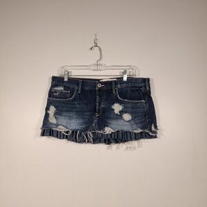 HOLLISTER Denim Micro Mini Skirt Juniors 9 Blue Distressed Ruffle Hem Y2K Boho